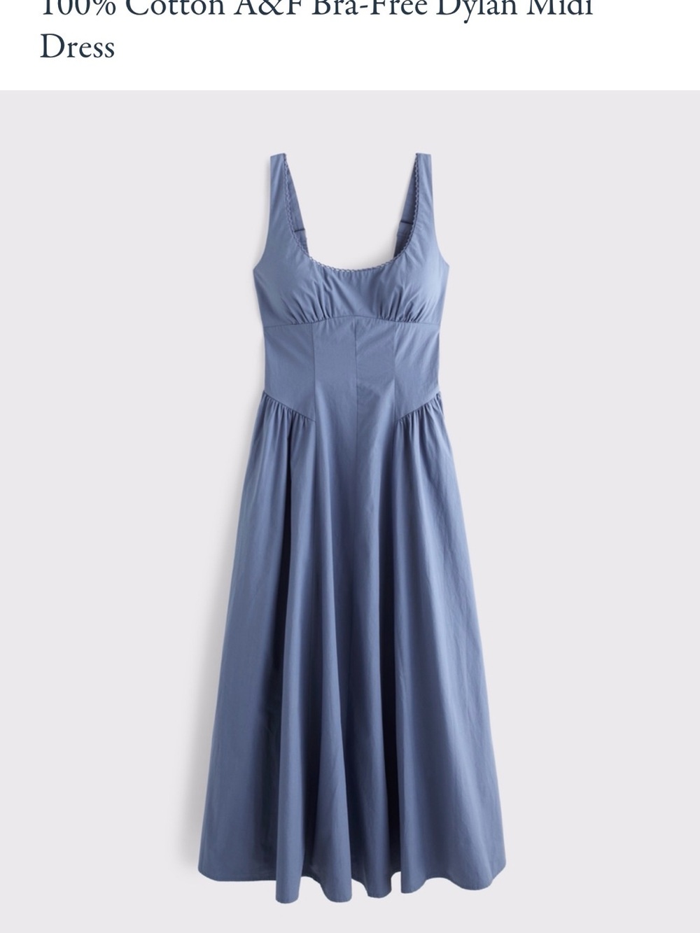 NWT Abercrombie & Fitch 100% Cotton A&F Dylan Bra-Free Midi Dress in BLUE FOG M